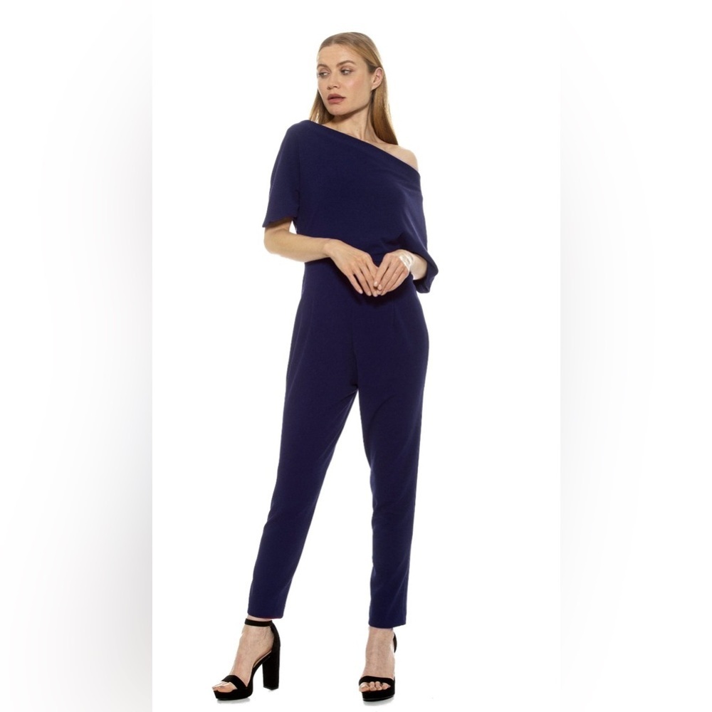 NWT Alexia Admor Draped Navy Blue Off-Shoulder Jumpsuit, Size Large, NEW